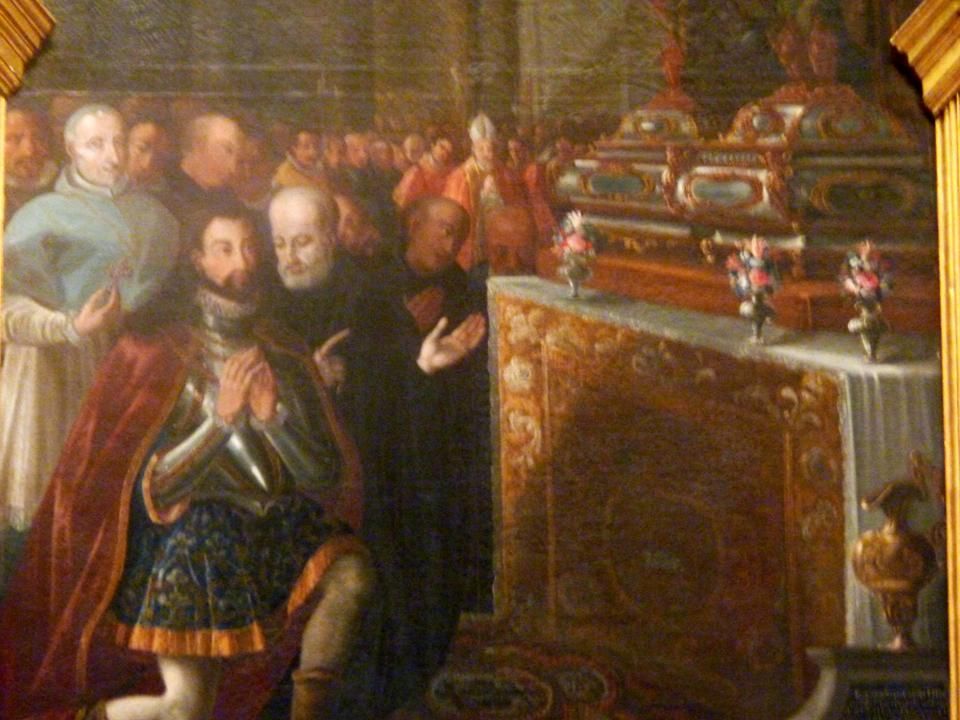El Rey Fernando I y San García de Abad, co mitra al fondo de la imagen, reciben en Arlanza los restos de los Mátires. 